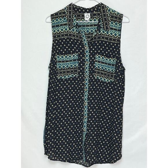 Akemi + Kin Anthropologie Women’s L Black Green Aztec Print Sleeveless Blouse - Picture 1 of 8